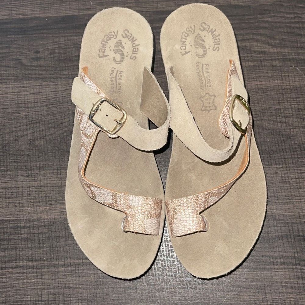 Fantasy Sandals Leather Buckle Slide Sandals, Size 38